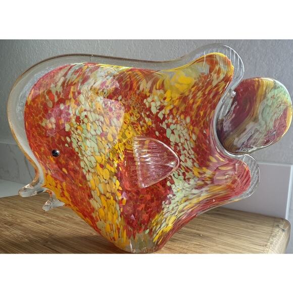 Art Glass Fish Yellow Red Green Swirl Beach Theme Nautical 9 X5.5 Inches - Picture 1 of 6